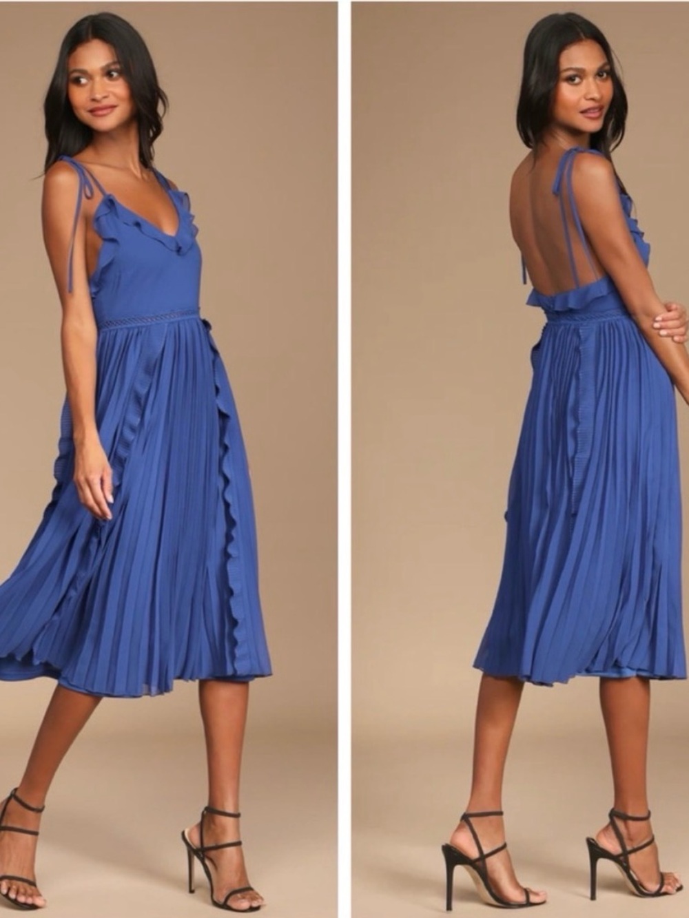 Lulus Never a Dull Moment Royal Blue Tie-Strap Pleated Midi Dress NWT Size L